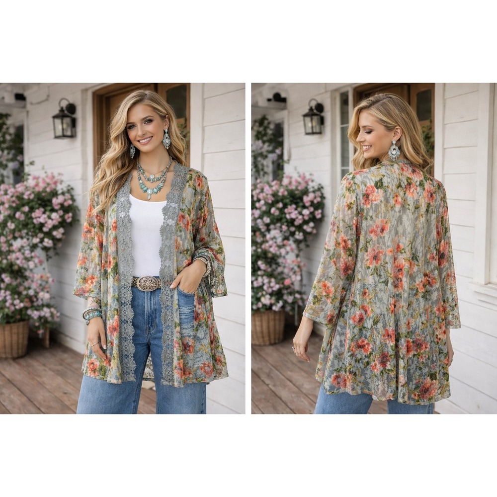 Jolie & Joy Floral Boho Cottage Fairy Lace Cardigan Crochet Trim Kimono Size 1X